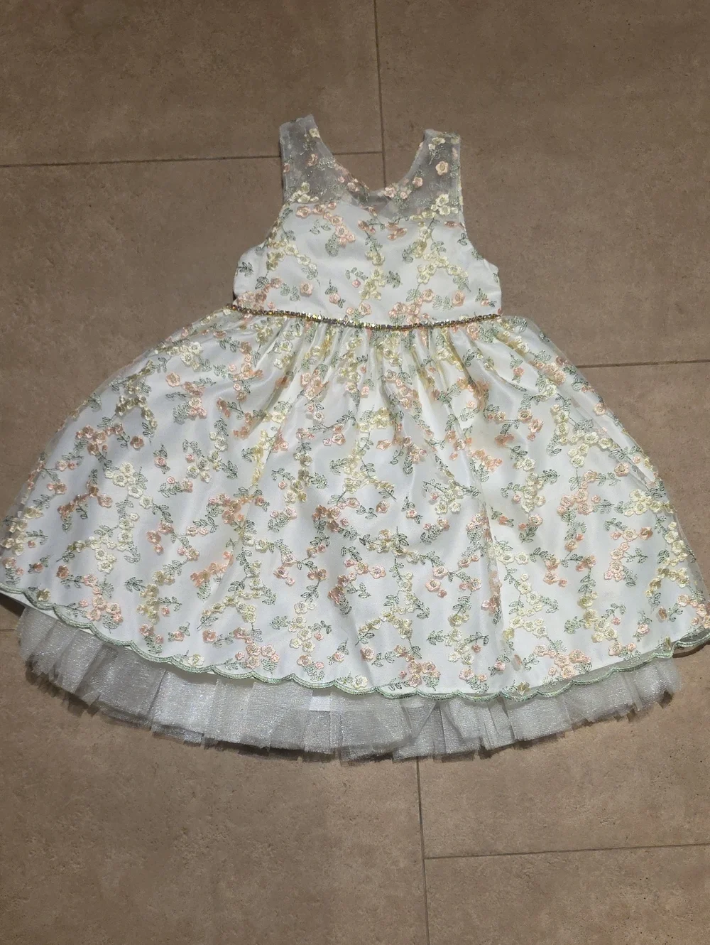 Girls Floral Embroidered Party Dress - White with Pastel Accents. Size 5